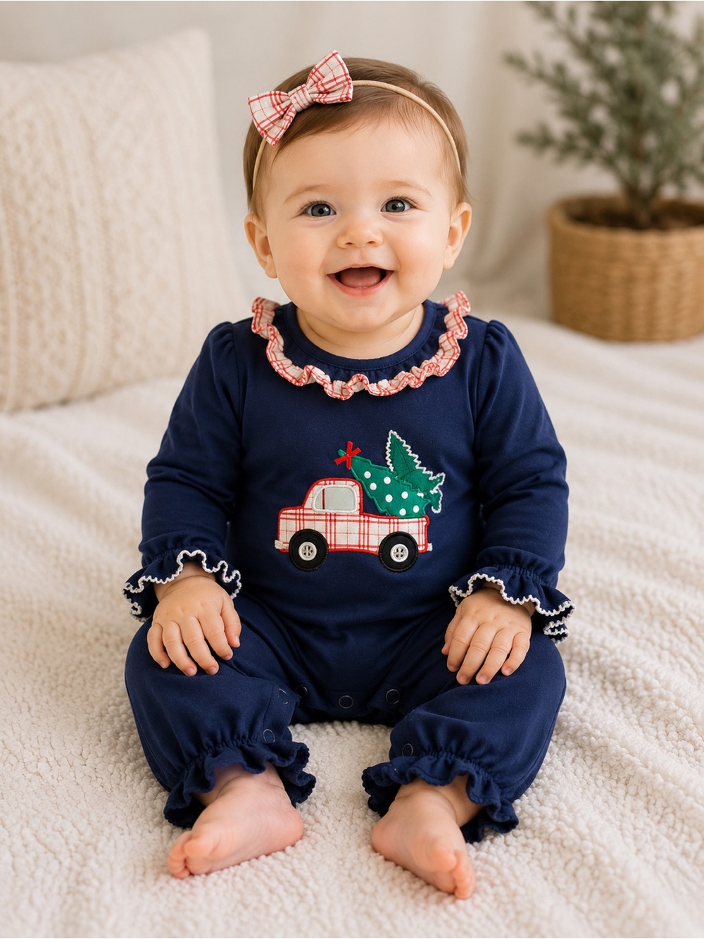 Navy Ruffle Truck One-Piece Romper with Plaid Accent